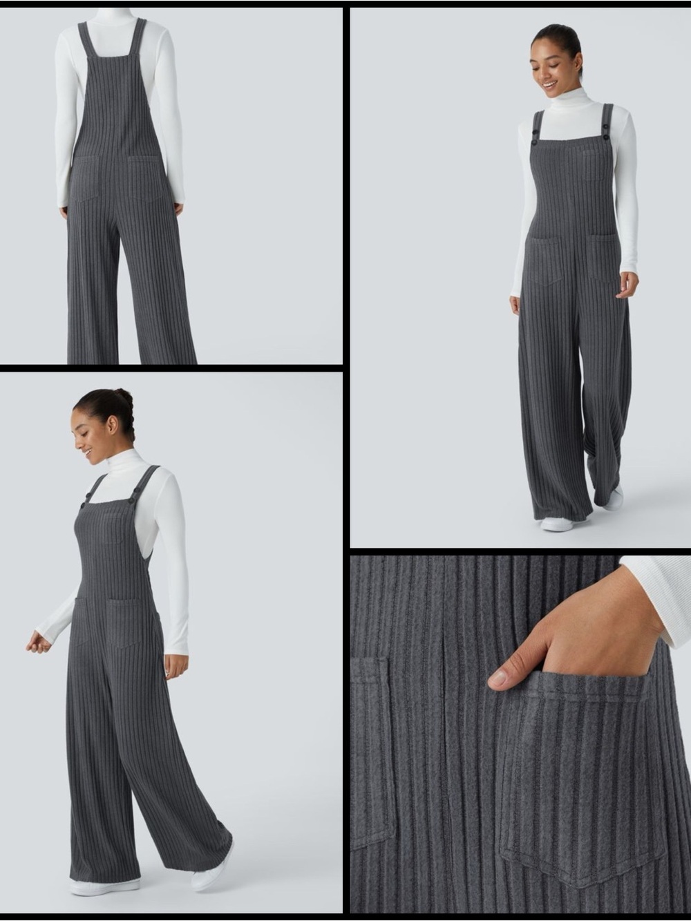 HALARA Boho Ribbed Knit Cottagecore Wide-Leg Charcoal Gray Loose Overalls M